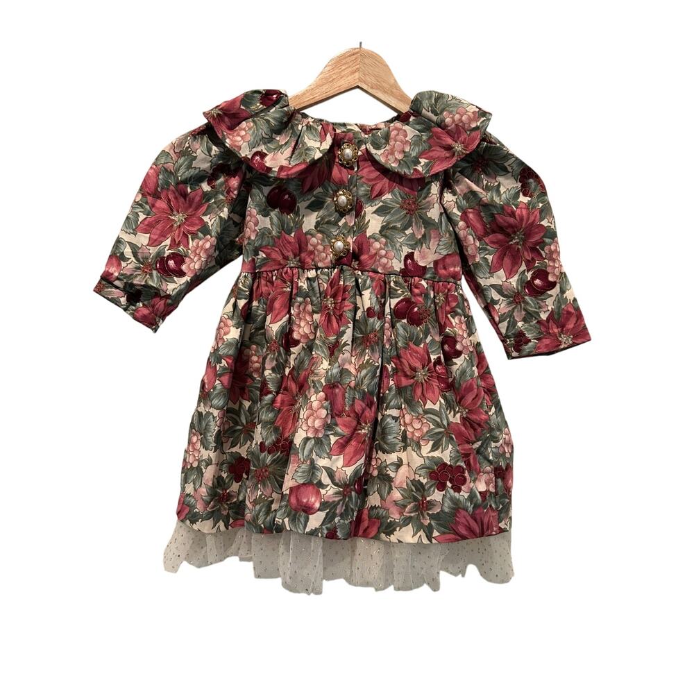 Cotton Connection Girls Holiday Dress SZ2T Green Red Pearl Buttons Vintage